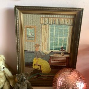 Vintage Framed Needlepoint Art with Yellow and Blue Accents